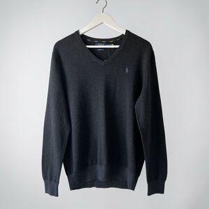 Polo Ralph Lauren V Neck Sweater Grey Herringbone Pima Cotton Sz M Preppy